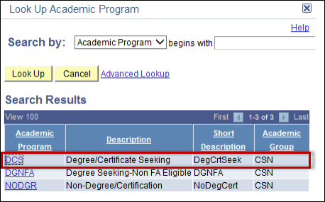 Choose DCS option in Look Up Academic Program