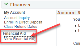 Screenshot of MYCSN Finances screen with arrow pointing to View Financial Aid.