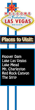 Welcome to Las Vegas sign. Places to visit: Hoover Dam, Lake Las Vegas, Lake Mead, Mt. Charleston, Red Rock Canyon, and The Strip